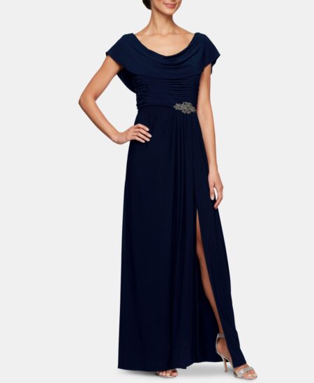  Petite Embellished-Waist Cowlneck Gown Navy