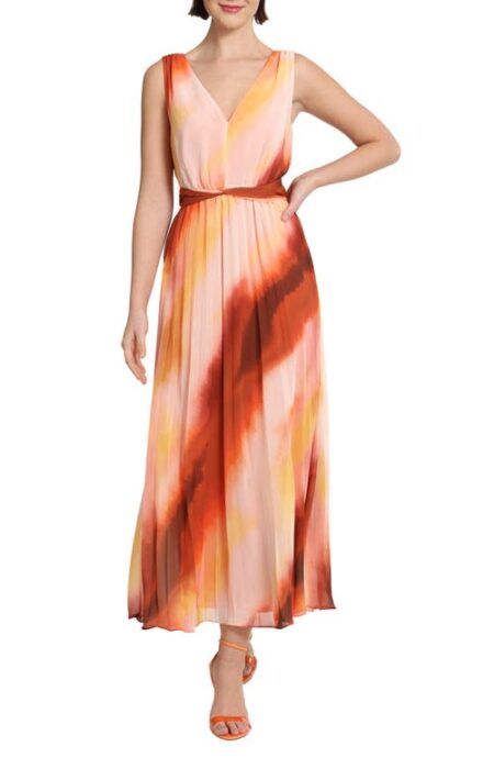  Pleated Ombré Stripe Sleeveless Midi Dress in Soft Creme/Rust at Nordstrom   