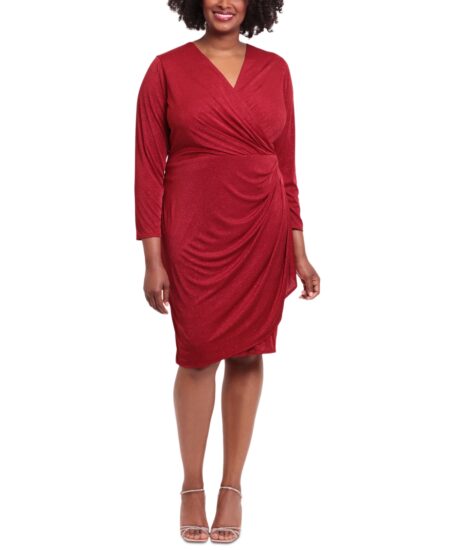  Plus  Ruched Surplice Glitter-Knit Dress Red