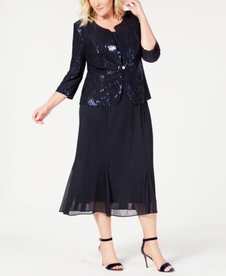  Plus  Sequined Chiffon Dress and Jacket Navy