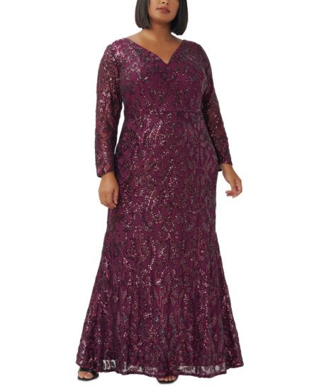  Plus  Sequined Long-Sleeve V-Neck Gown Cassis