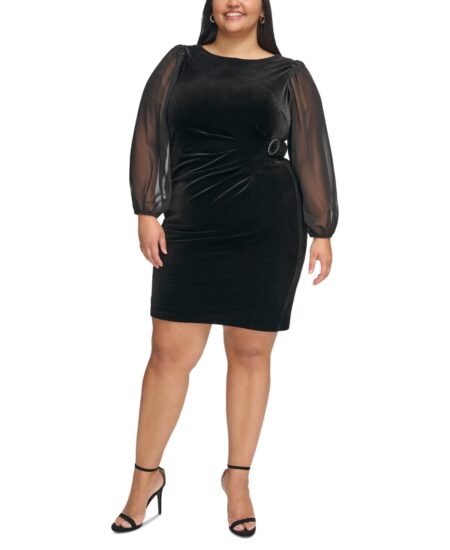  Plus  Velvet Chiffon-Sleeve Sheath Dress Black