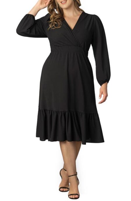  Portia Long Sleeve Midi Faux Wrap Cocktail Dress in Black Noir at Nordstrom   