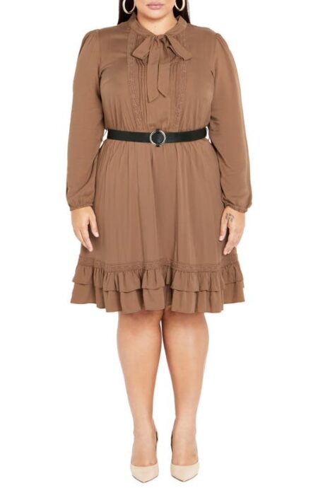  Precious Tie Neck Belted Long Sleeve Dress in Deep Caramel at Nordstrom