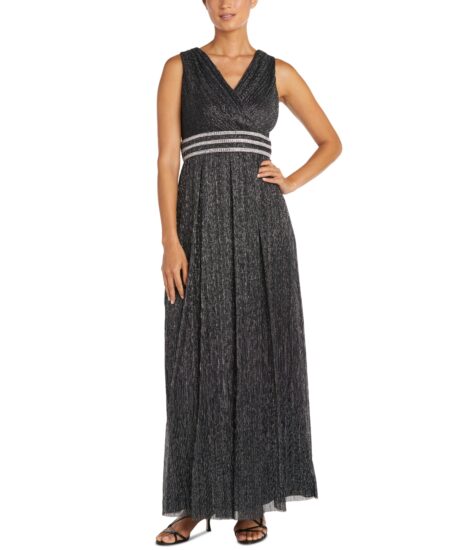 R & M Richards Crinkle Pleated Gown Black/Silver
