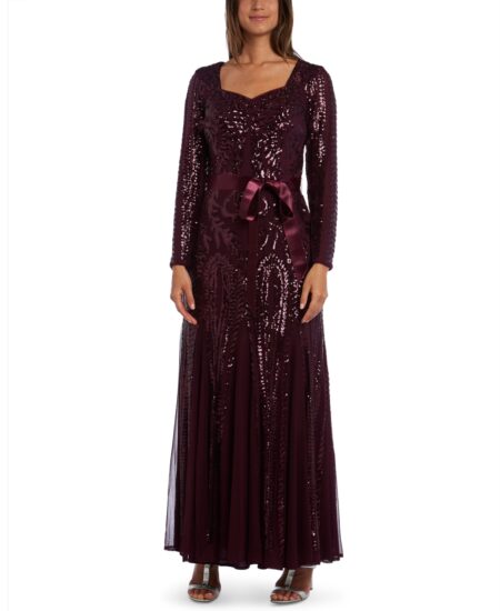 R & M Richards Embellished Godet Gown Burgundy