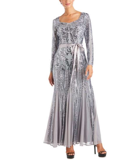 R & M Richards Petite Embellished Godet Gown Silver