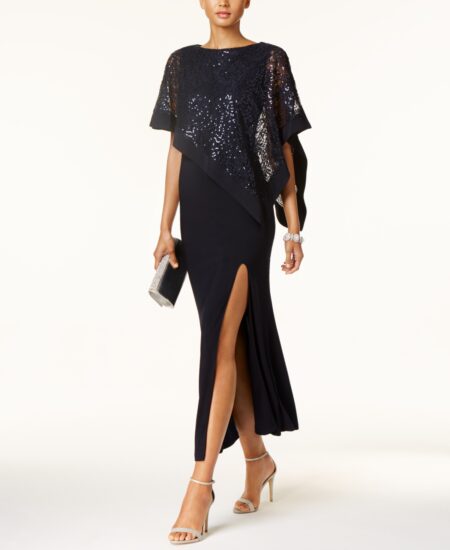 R & M Richards Sequined Lace Cape Gown Navy