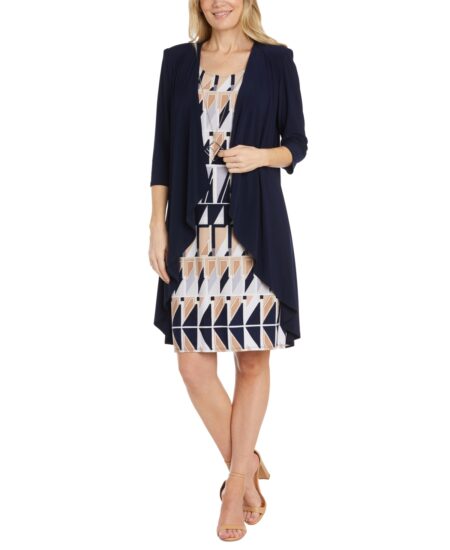 R & M Richards Women's Jacket & Printed Necklace Dress Navy/Taupe