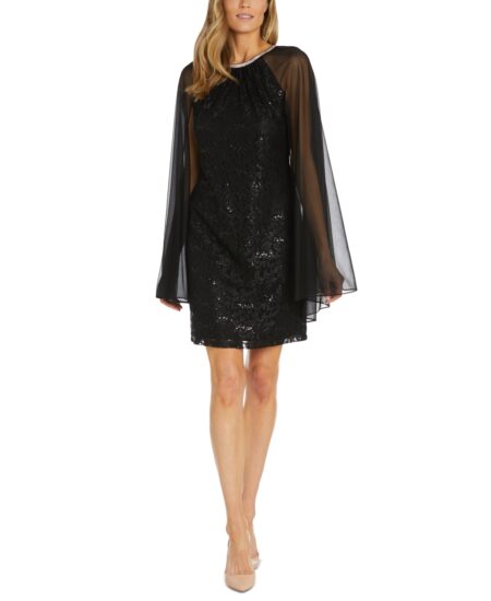 R & M Richards Women's Sequinned Lace Dress With Chiffon Cape Black