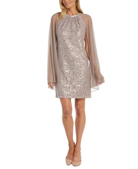 R & M Richards Women's Sequinned Lace Dress With Chiffon Cape Champagne