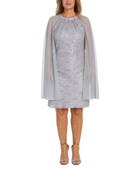R & M Richards Women's Sequinned Lace Dress With Chiffon Cape Silver