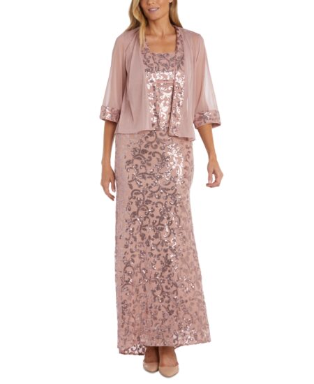 R & M Richards Women's Sequinned Long Dress and Jacket Blush