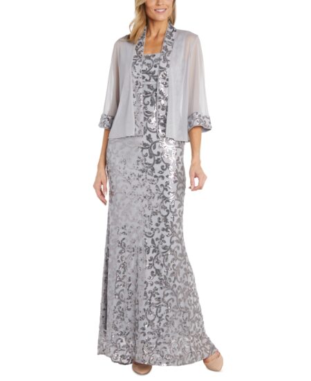 R & M Richards Women's Sequinned Long Dress and Jacket Silver