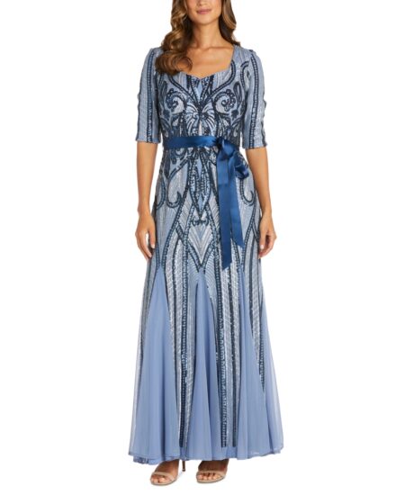 R & M Richards Women's Sequinned Long Fit & Flare Dress Med Blue