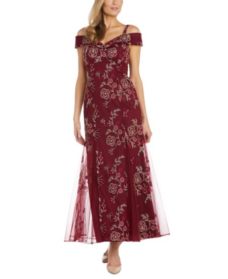 R & M Women's Embroidered Cold-Shoulder Gown Merlot/gold