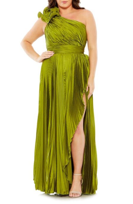  Rosette One-Shoulder Pleated Gown in Apple Green at Nordstrom   W