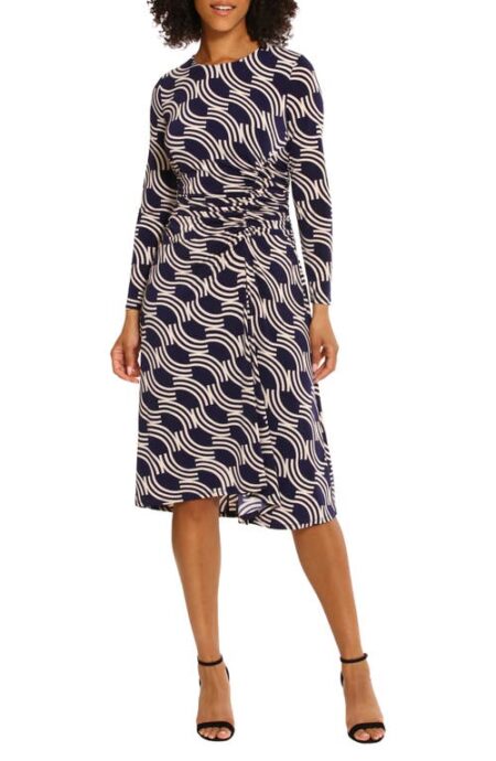  Ruched Detail Three-Quarter Sleeve Midi Dress in Navy/Cream at Nordstrom   