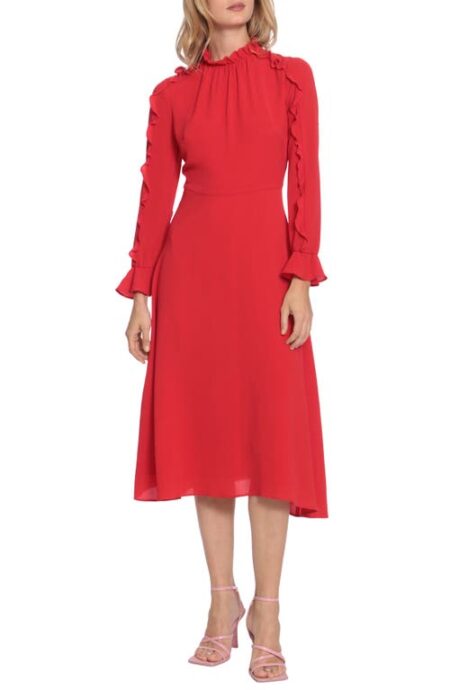  Ruffle Long Sleeve A-Line Midi Dress in Cherry at Nordstrom   