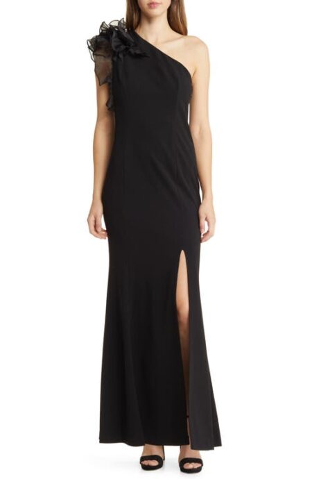 Ruffle One-Shoulder Crepe Gown in Black at Nordstrom   