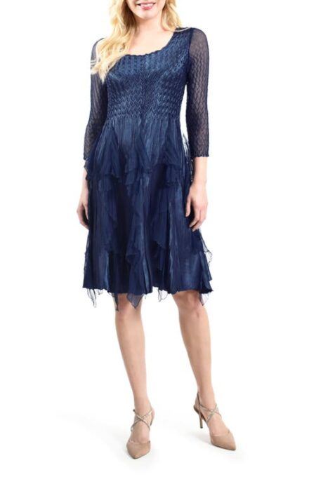  Ruffle Scoop Neck Charmeuse & Chiffon Cocktail Dress in Midnight Navy at Nordstrom  Small