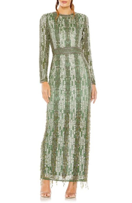  Sequin Beaded Long Sleeve Gown in Sage at Nordstrom   