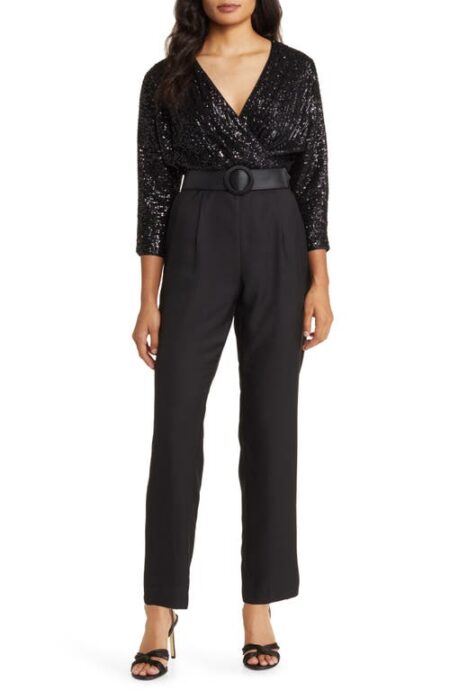  Sequin Bodice Mixed Media Jumpsuit in Black at Nordstrom   