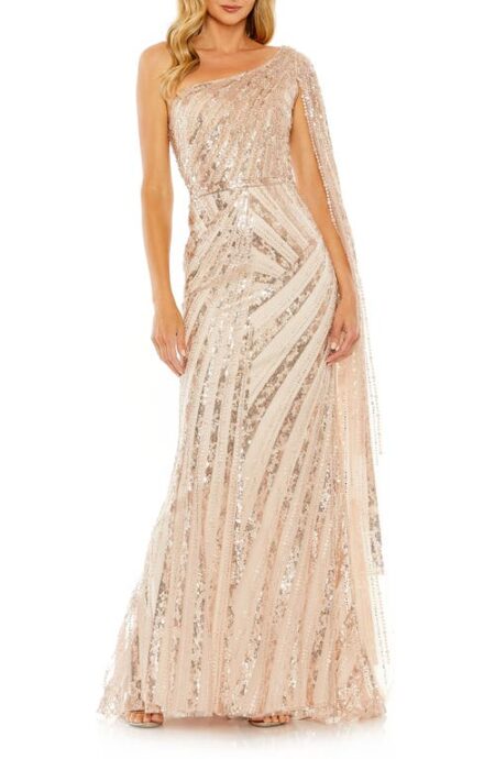  Sequin Cape Sleeve One-Shoulder Gown in Rose Gold at Nordstrom   