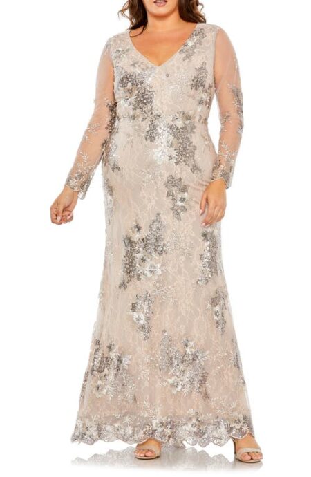  Sequin Embroidered Illusion Long Sleeve Gown in Taupe at Nordstrom   W
