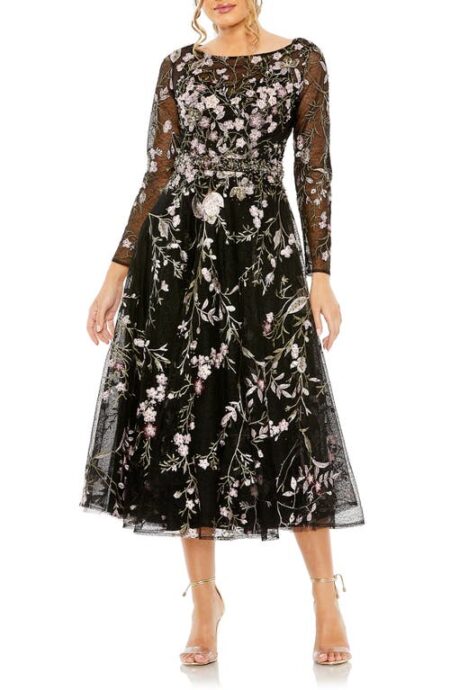  Sequin Embroidered Long Sleeve Midi Cocktail Dress in Black at Nordstrom   