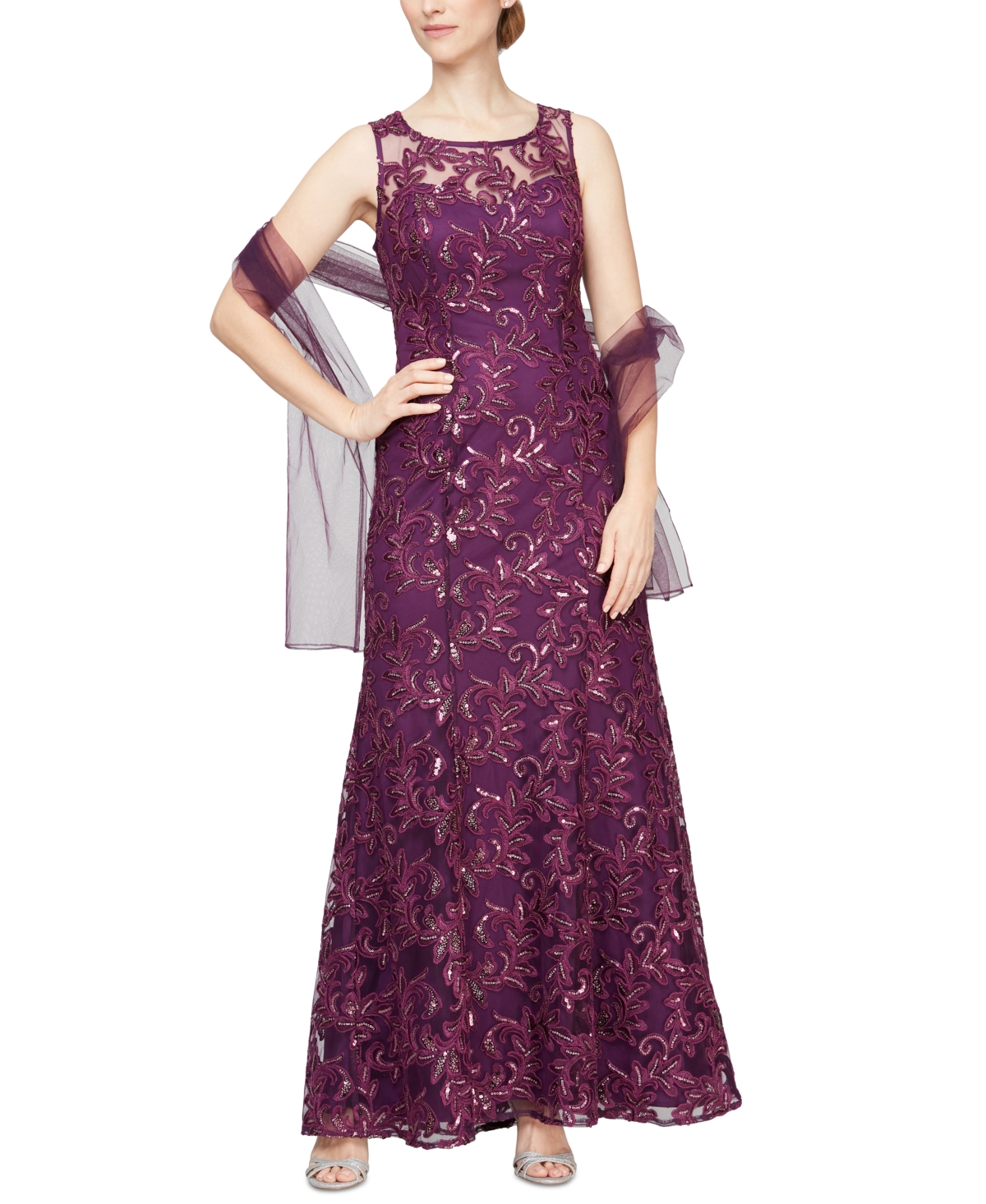 Sequin Lace Long Dress With Chiffon Shawl Plum