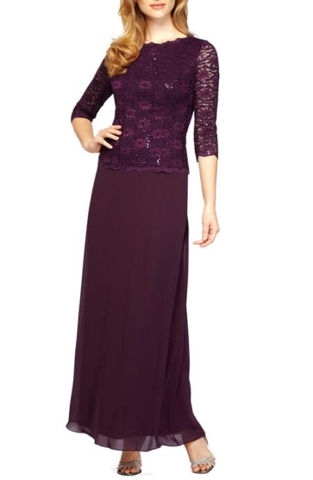  Sequin Lace & Chiffon Gown in Deep Plum at Nordstrom   
