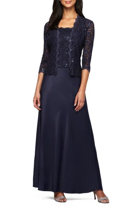  Sequin Lace & Satin Gown with Jacket in Midnight at Nordstrom   