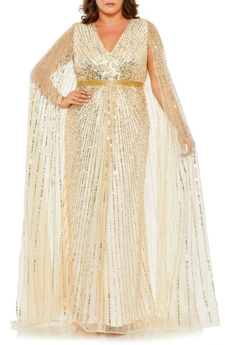  Sequin Long Cape Sleeve Gown in Light Beige at Nordstrom   W
