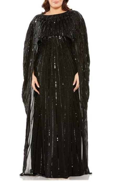  Sequin Long Sleeve Cape Overlay Gown in Black at Nordstrom   W