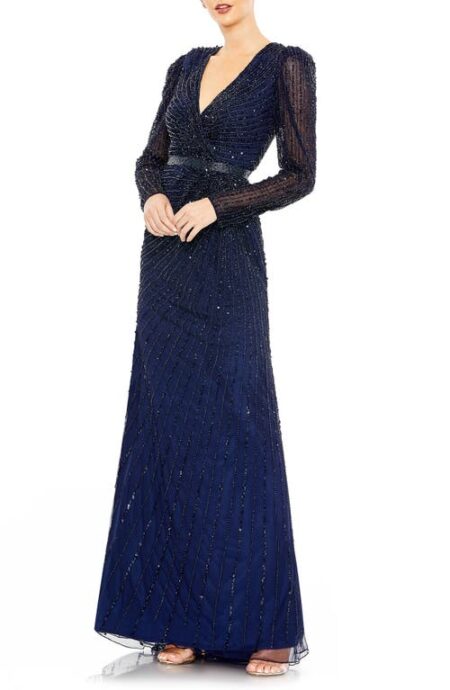  Sequin Long Sleeve Faux Wrap Gown in Midnight at Nordstrom   