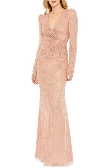  Sequin Long Sleeve Faux Wrap Gown in Rose at Nordstrom   