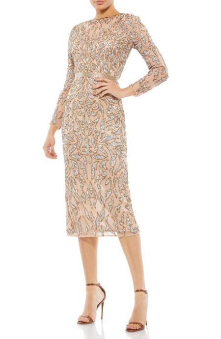  Sequin Long Sleeve Midi Cocktail Dress in Mocha at Nordstrom   