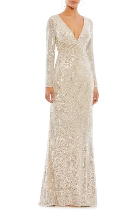  Sequin Long Sleeve Trumpet Gown in Nude Silver at Nordstrom   