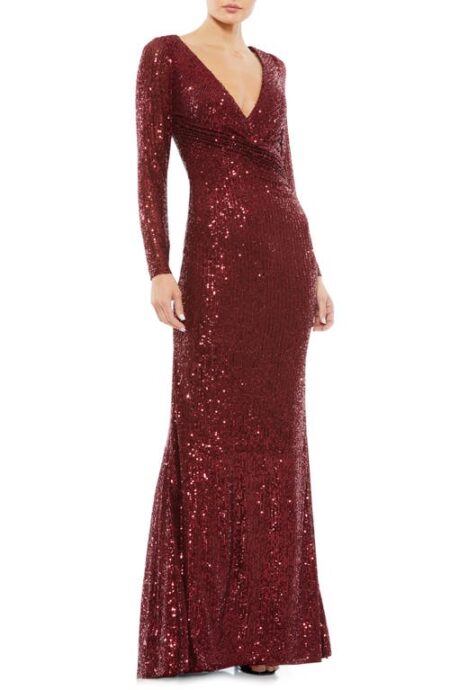  Sequin Long Sleeve Trumpet Gown in Wine at Nordstrom   