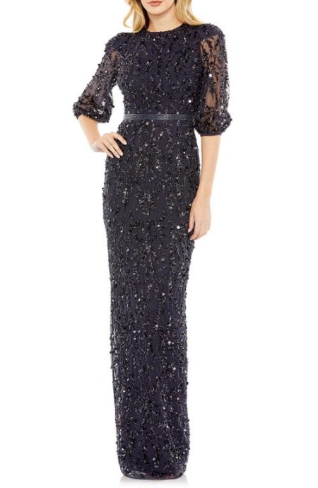  Sequin Sheer Sleeve Sheath Gown in Midnight at Nordstrom   
