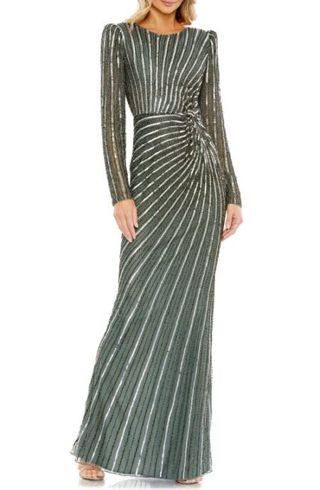  Sequin Stripe Long Sleeve Sheath Gown in Slate Grey at Nordstrom   