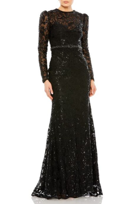  Sequin Tapestry Long Sleeve Trumpet Gown in Black at Nordstrom   