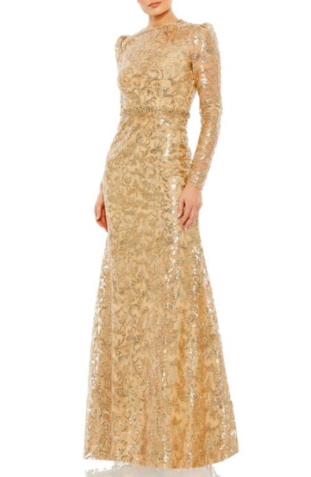  Sequin Tapestry Long Sleeve Trumpet Gown in Gold at Nordstrom   