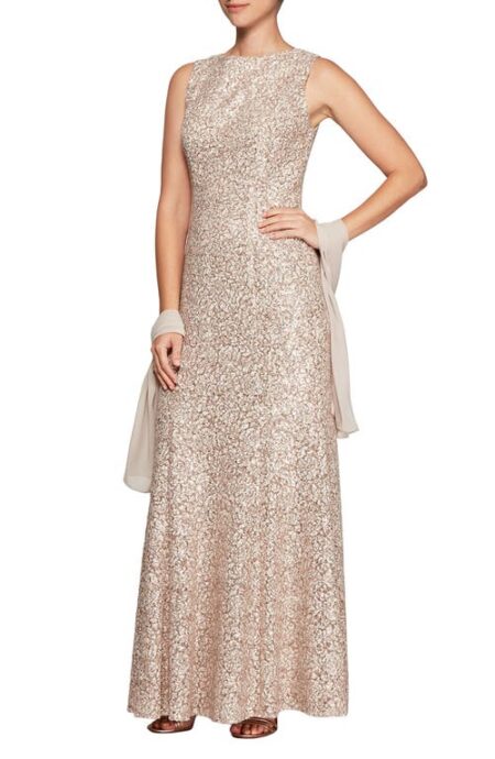  Sequin Trumpet Gown with Shawl in Chai/Ivory at Nordstrom   