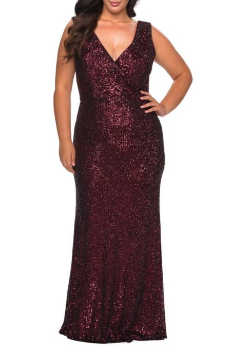  Sequin V-Neck Trumpet Gown in Wine at Nordstrom   W
