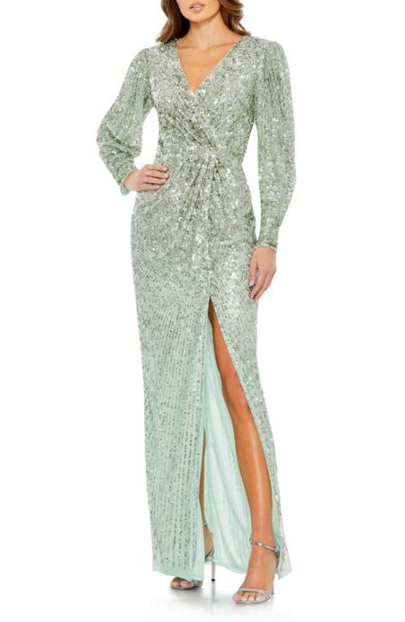  Sequin Wrap Bodice Long Sleeve Gown in Seafoam at Nordstrom   