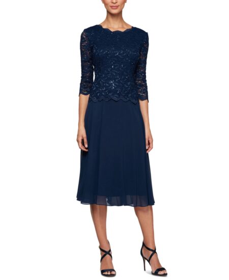  Sequined Lace Contrast Dress Navy Blue