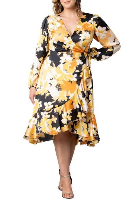 Serena Long Sleeve Satin Wrap Dress in Sunset Blooms at Nordstrom   