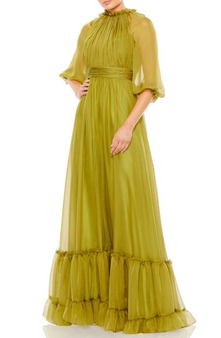  Sheer Sleeve Gathered Chiffon A-Line Gown in Olive at Nordstrom   